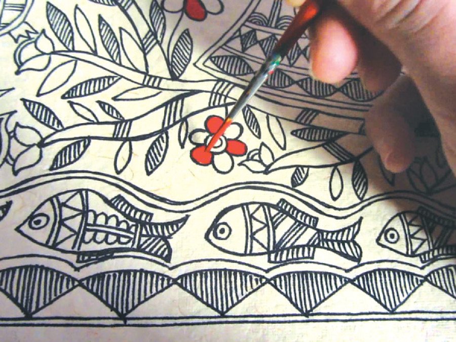Traditional Mithila art depicting sacred symbols